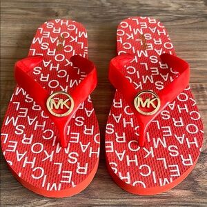 Pre-owned Michael Kors Red MK Logo Flip Flops Size 9M